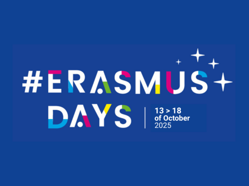 Design #ErasmusDays 2025 auf blauem Hintergrund mit Sternen
