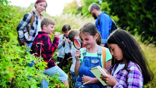 Schülerinnen und Schüler beim Forschen Kinder beobachten die Natur mit zwei Erwachsenen